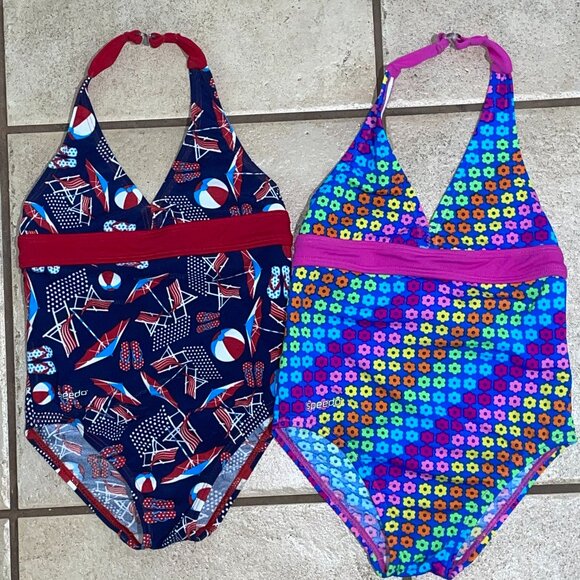 NWT SPEEDO 2 Swimsuits  Neon Flowers & Navy Blue Beach Scenes sz 5 & 6 - Picture 1 of 2